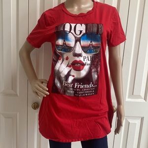 ON Fire Womens L/XL Red Long Tee Shirt. Scoop hem. Vogue Magazine Graphic. So